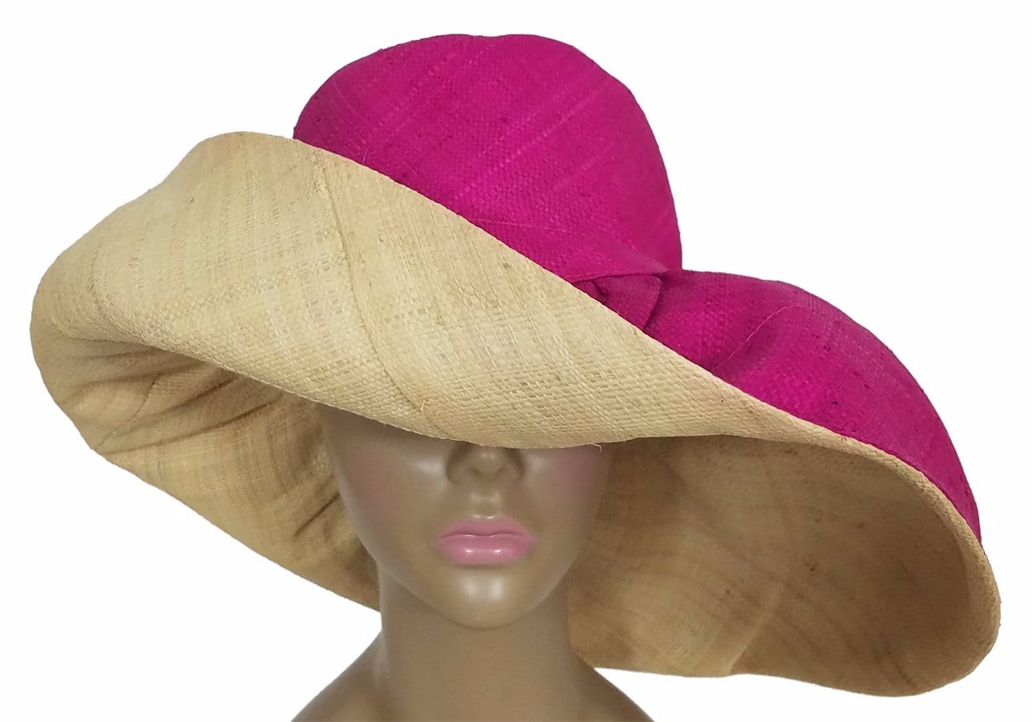 1 of 4: Bayo: Authentic African Hand Woven Fuchsia & Natural Madagascar Big Brim Raffia Sun Hat