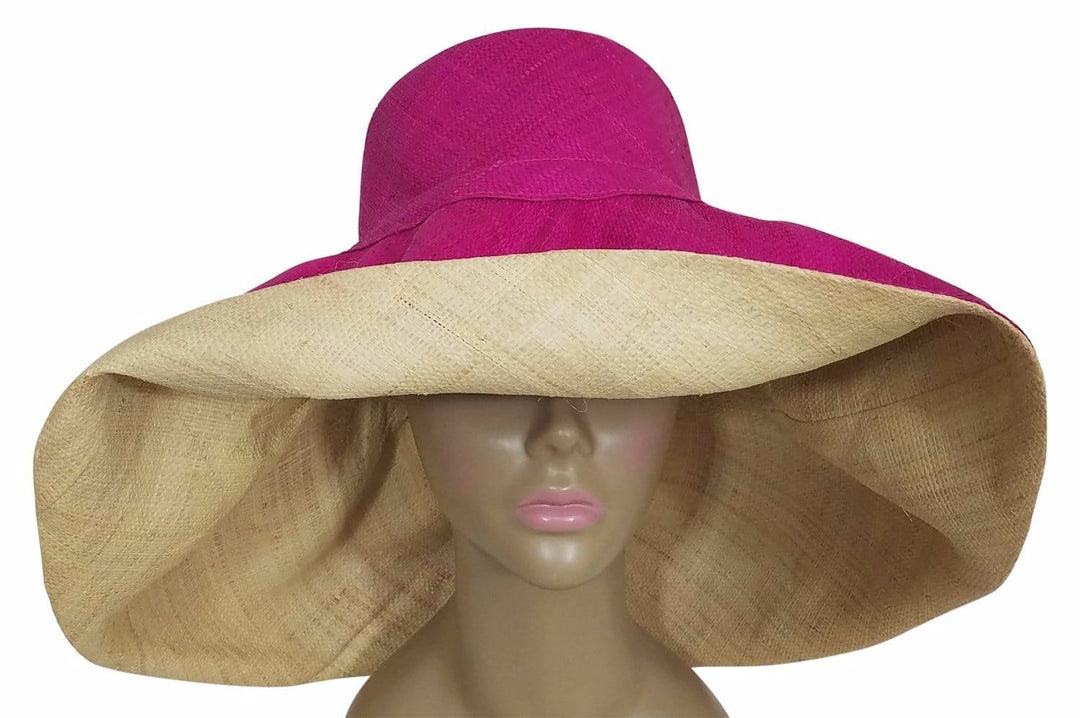Bayo: Authentic African Hand Woven Fuchsia & Natural Madagascar Big Brim Raffia Sun Hat