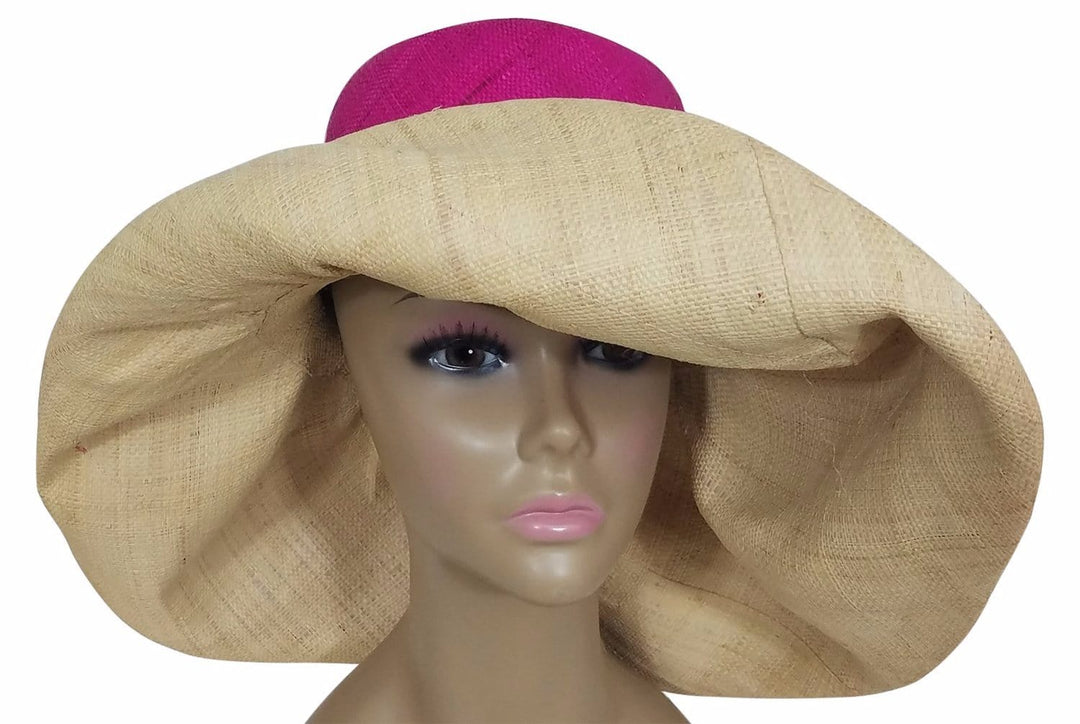 Bayo: Authentic African Hand Woven Fuchsia & Natural Madagascar Big Brim Raffia Sun Hat