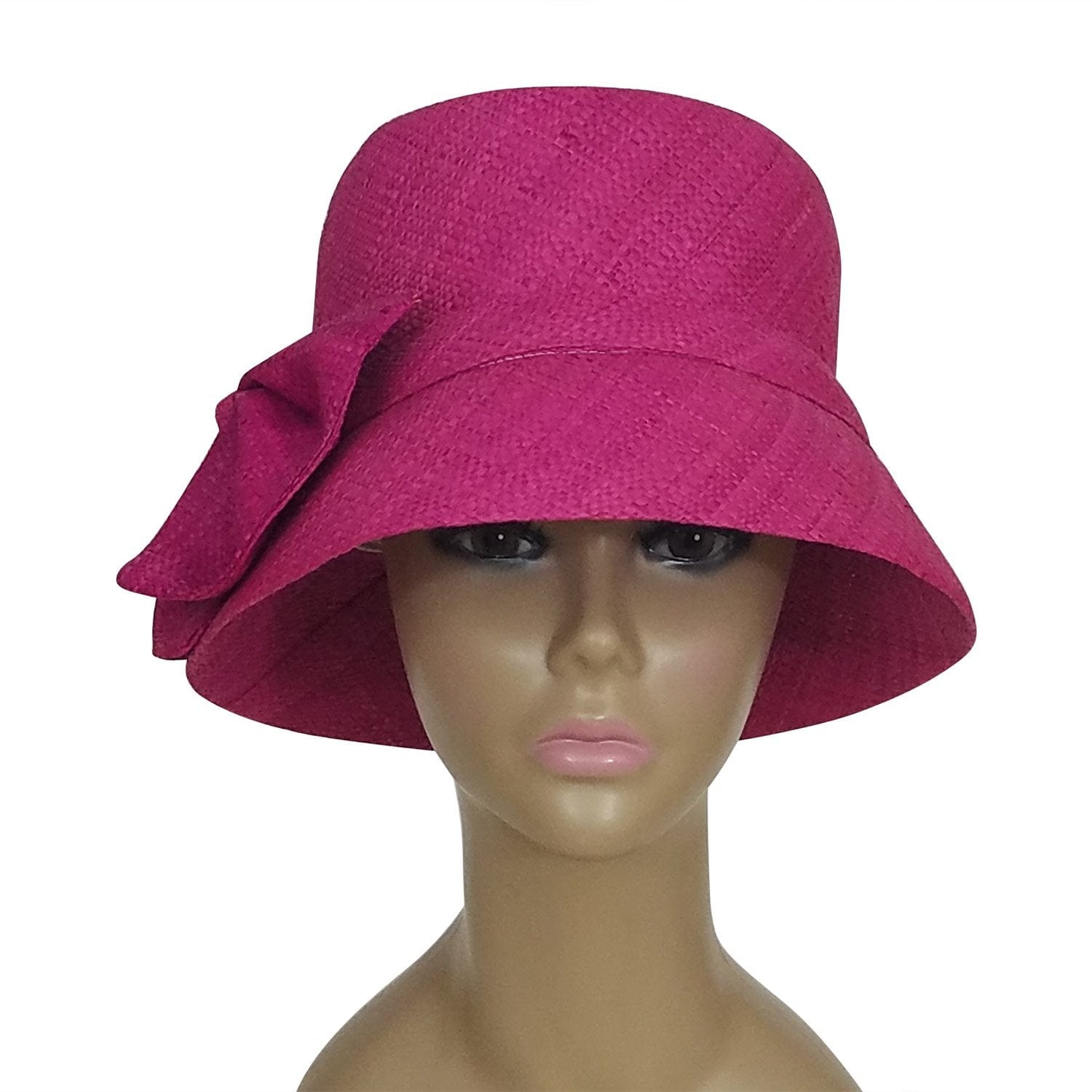 3 of 3: Alvita: Authentic African Hand Woven Fuchsia Madagascar Bell Shaped Raffia Hat with Bow