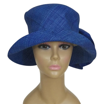 Amoy: Authentic African Hand Woven Blue Madagascar Bell Shaped Raffia Hat with Bow