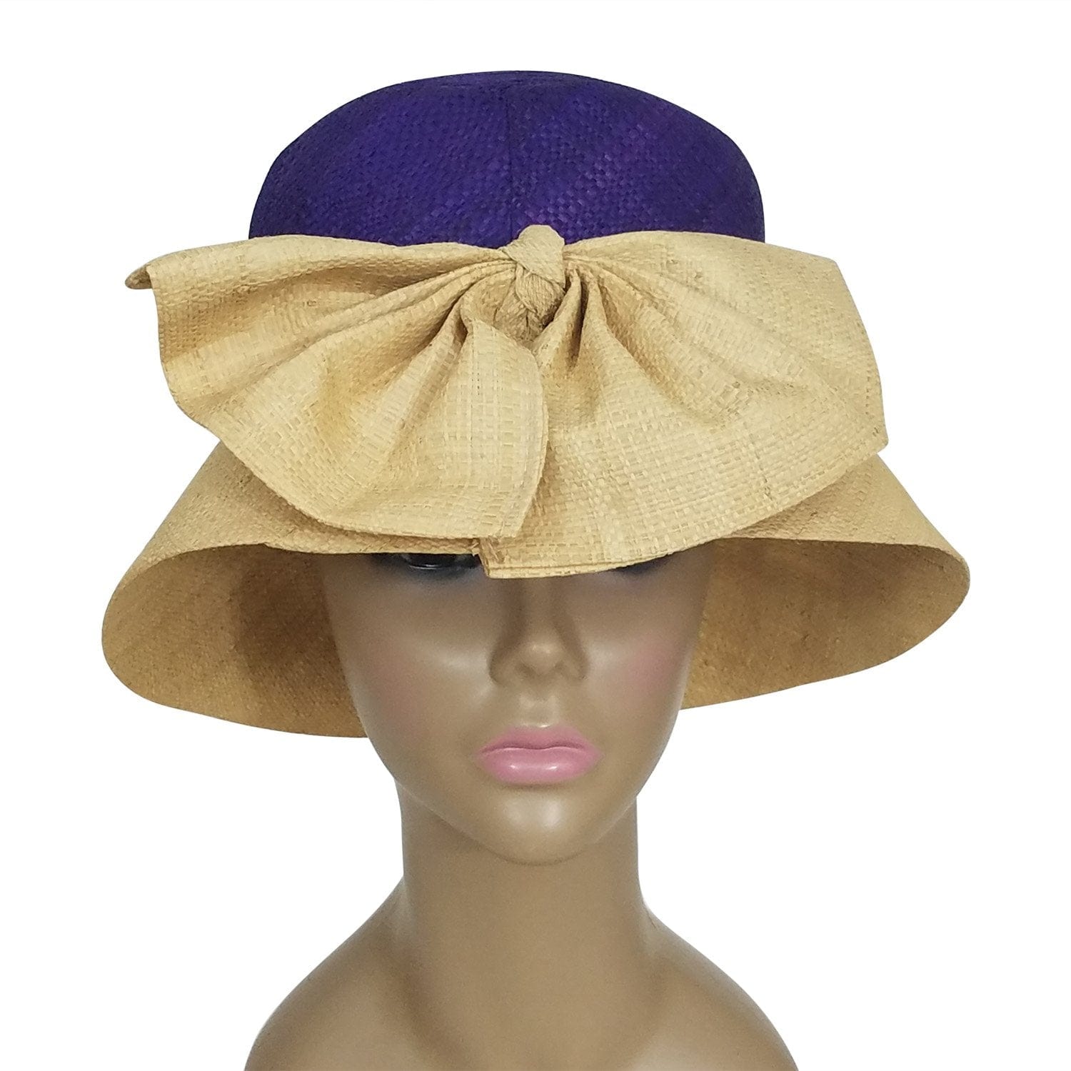 2 of 3: Ionie: Authentic African Hand Woven Purple and Natural Madagascar Bell Shaped Raffia Hat with Bow