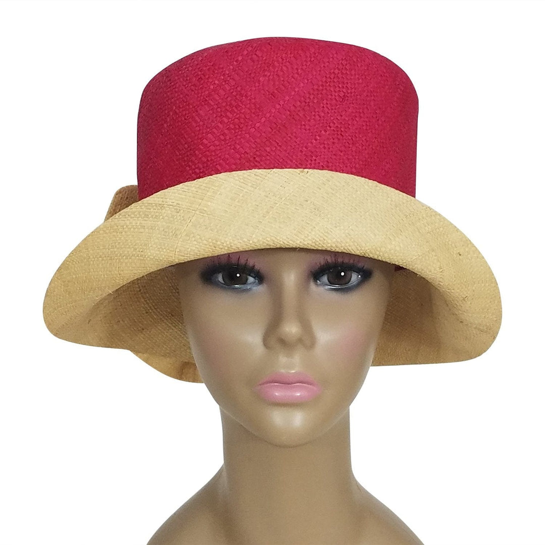 Dellyse: Authentic African Hand Woven Fuchsia and Natural Madagascar Bell Shaped Raffia Hat with Bow