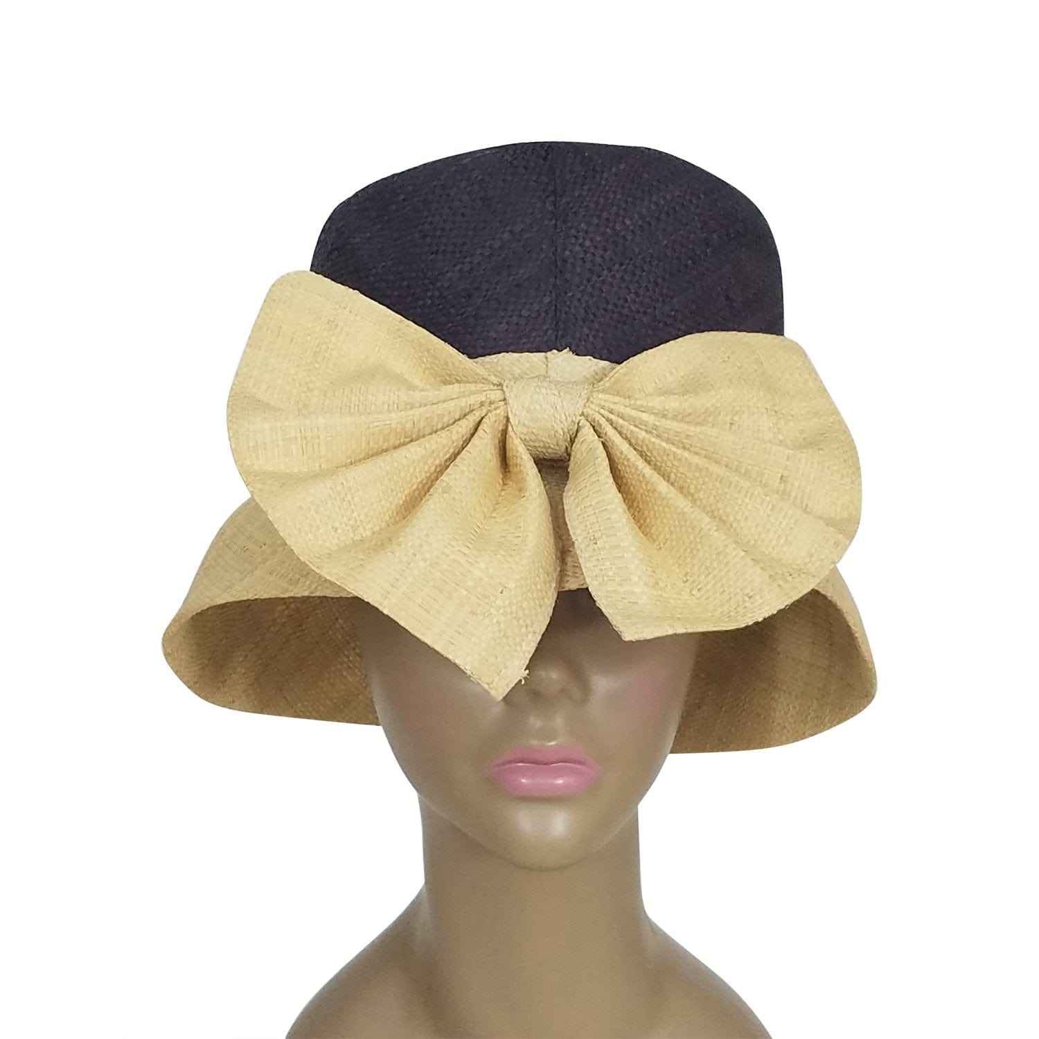 2 of 3: Amancia: Authentic African Hand Woven Black and Natural Madagascar Bell Shaped Raffia Hat with Bow