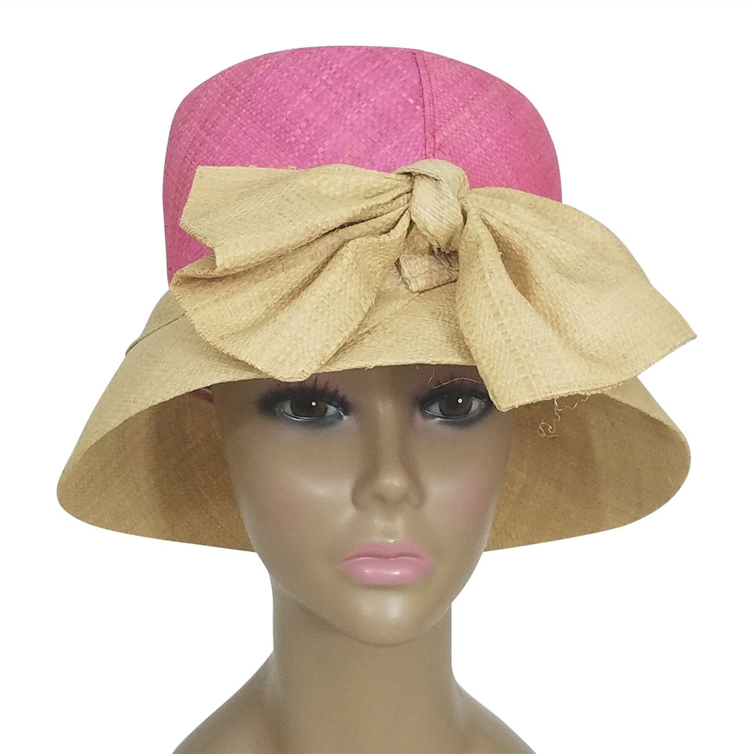 1 of 3: Azacca: Authentic African Hand Woven Pink and Natural Madagascar Bell Shaped Raffia Hat with Bow