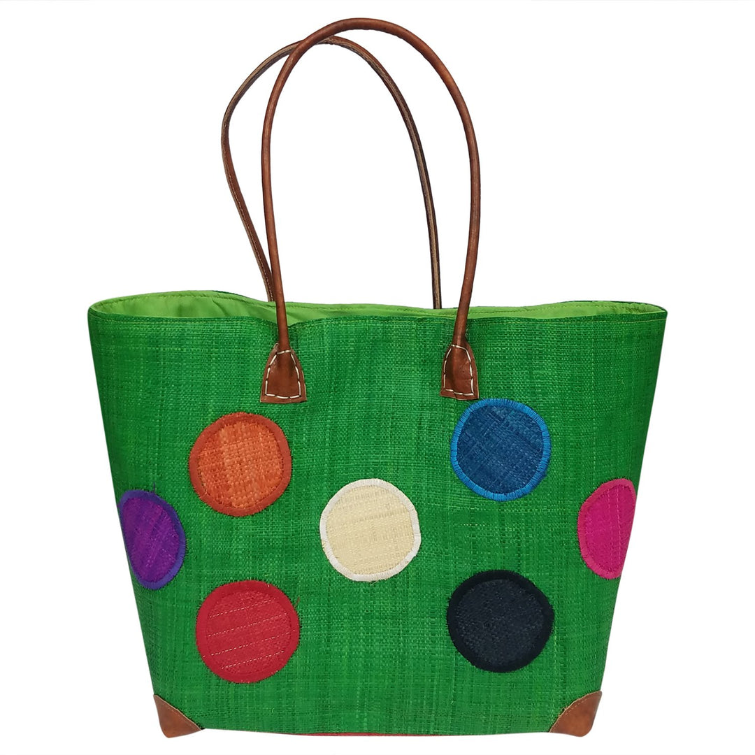 Jena: Authentic Hand Woven Madagascar Green Polka Dot Raffia Tote Bag