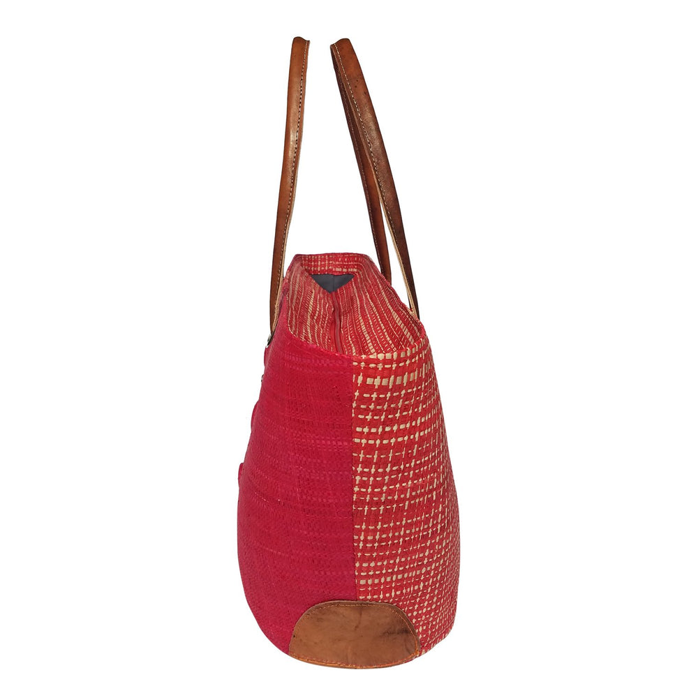 Hanitra: Authentic Handmade Red & Natural Madagascar Raffia Buttons Hand Bag