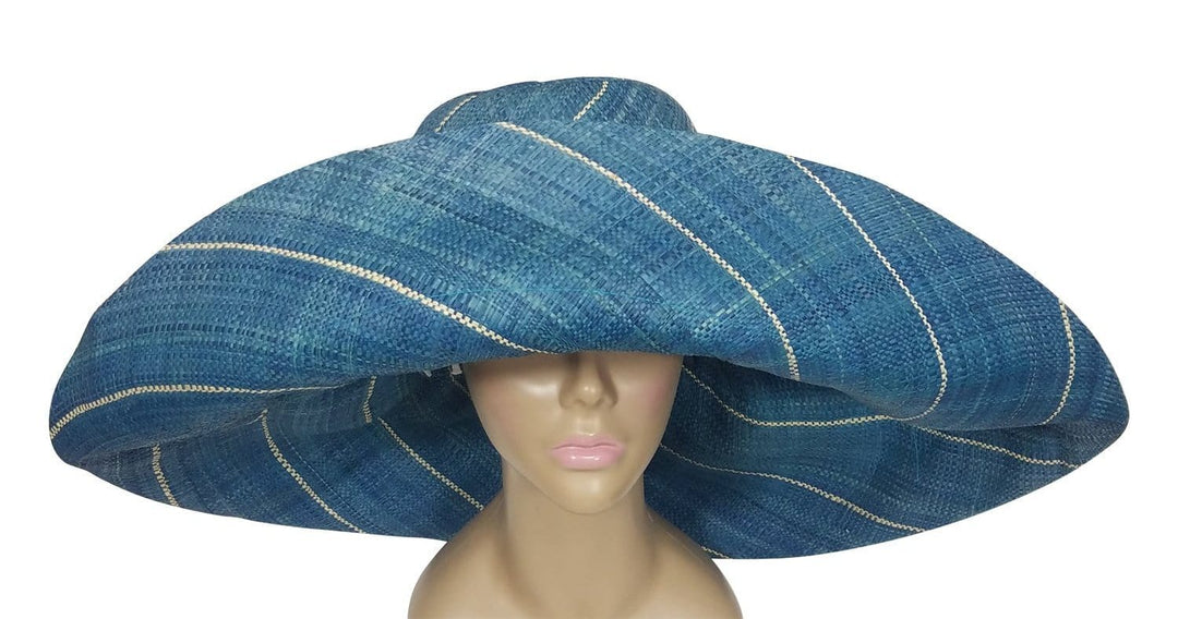 Chinue: Authentic African Hand Woven Blue Madagascar Big Brim Raffia Sun Hat