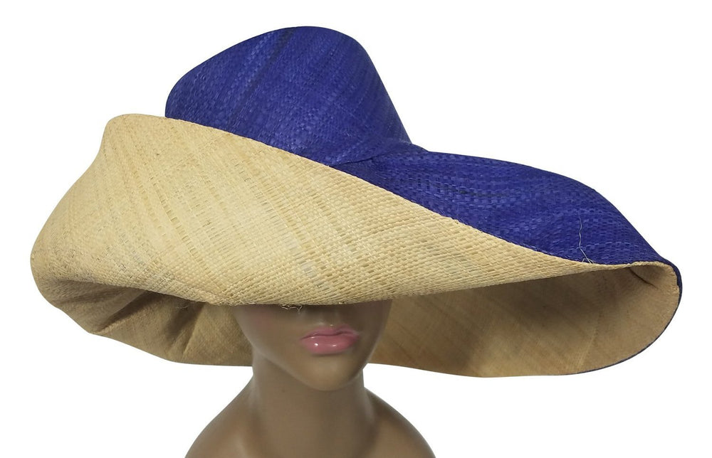 Dofi: Authentic African Hand Woven Blue and Natural Madagascar Big Brim Raffia Sun Hat