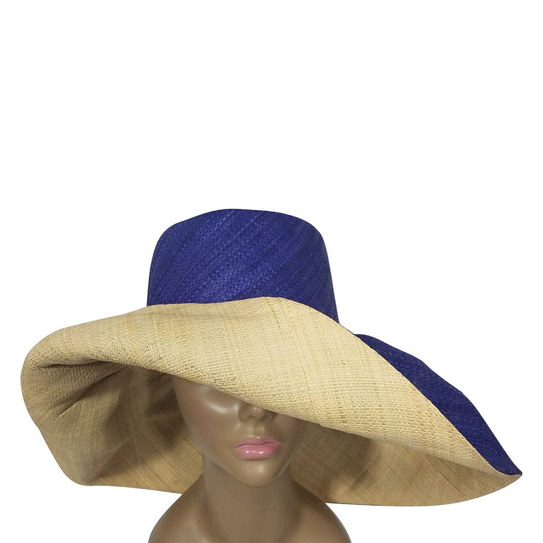 Dofi: Authentic African Hand Woven Blue and Natural Madagascar Big Brim Raffia Sun Hat