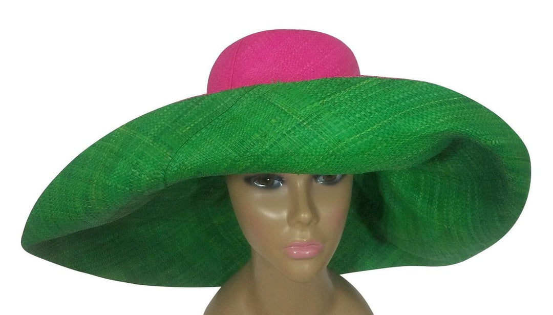 Adjoa: Authentic African Handwoven Pink and Green Madagascar Big Brim Raffia Sun Hat