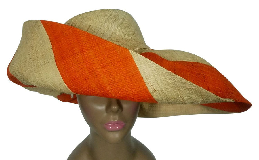 Apunda: Authentic African Handwoven Orange & Natural Swirl Big Brim Raffia Sun Hat