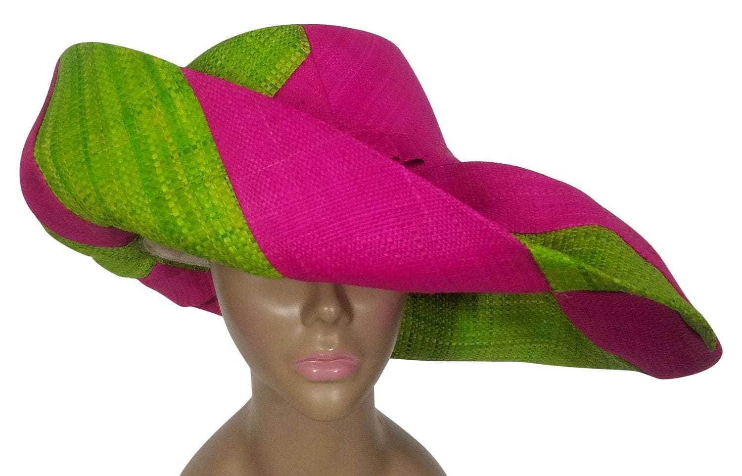 1 of 3: Arjana: Authentic African Handwoven Pink and Green Swirl Madagascar Big Brim Raffia Sun Hat