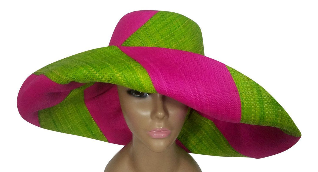 Arjana: Authentic African Handwoven Pink and Green Swirl Madagascar Big Brim Raffia Sun Hat