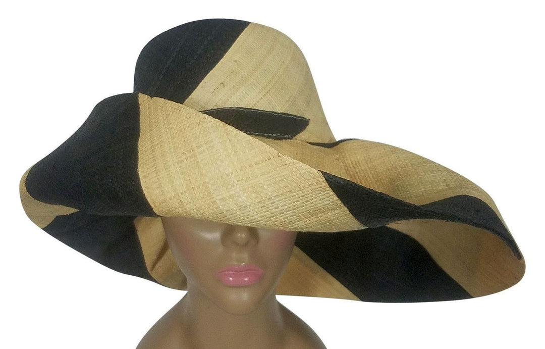 Ashanti: Authentic African Handwoven Black and Natural Swirl Madagascar Big Brim Raffia Sun Hat