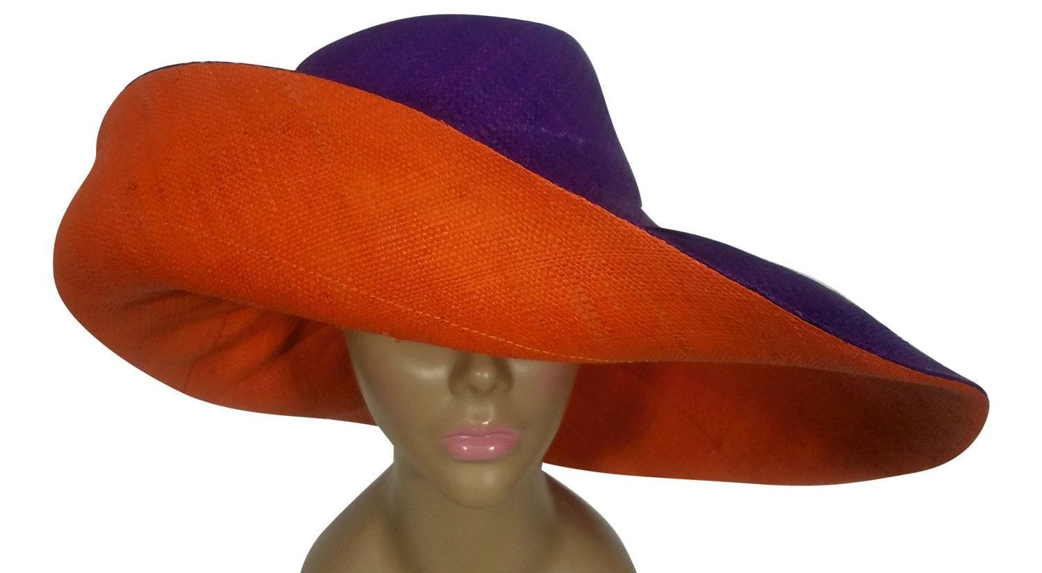 1 of 3: Atieno: Authentic African Handwoven Purple and Orange Madagascar Big Brim Raffia Sun Hat