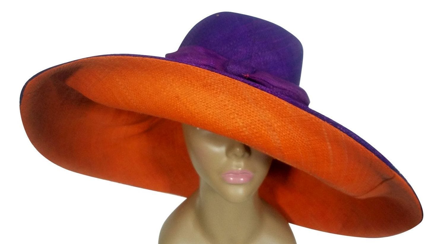 2 of 3: Atieno: Authentic African Handwoven Purple and Orange Madagascar Big Brim Raffia Sun Hat