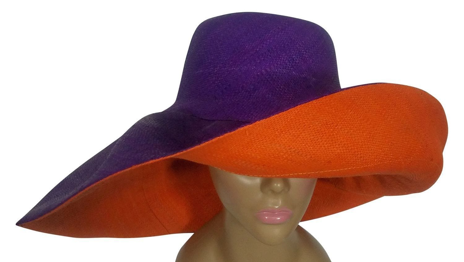 3 of 3: Atieno: Authentic African Handwoven Purple and Orange Madagascar Big Brim Raffia Sun Hat