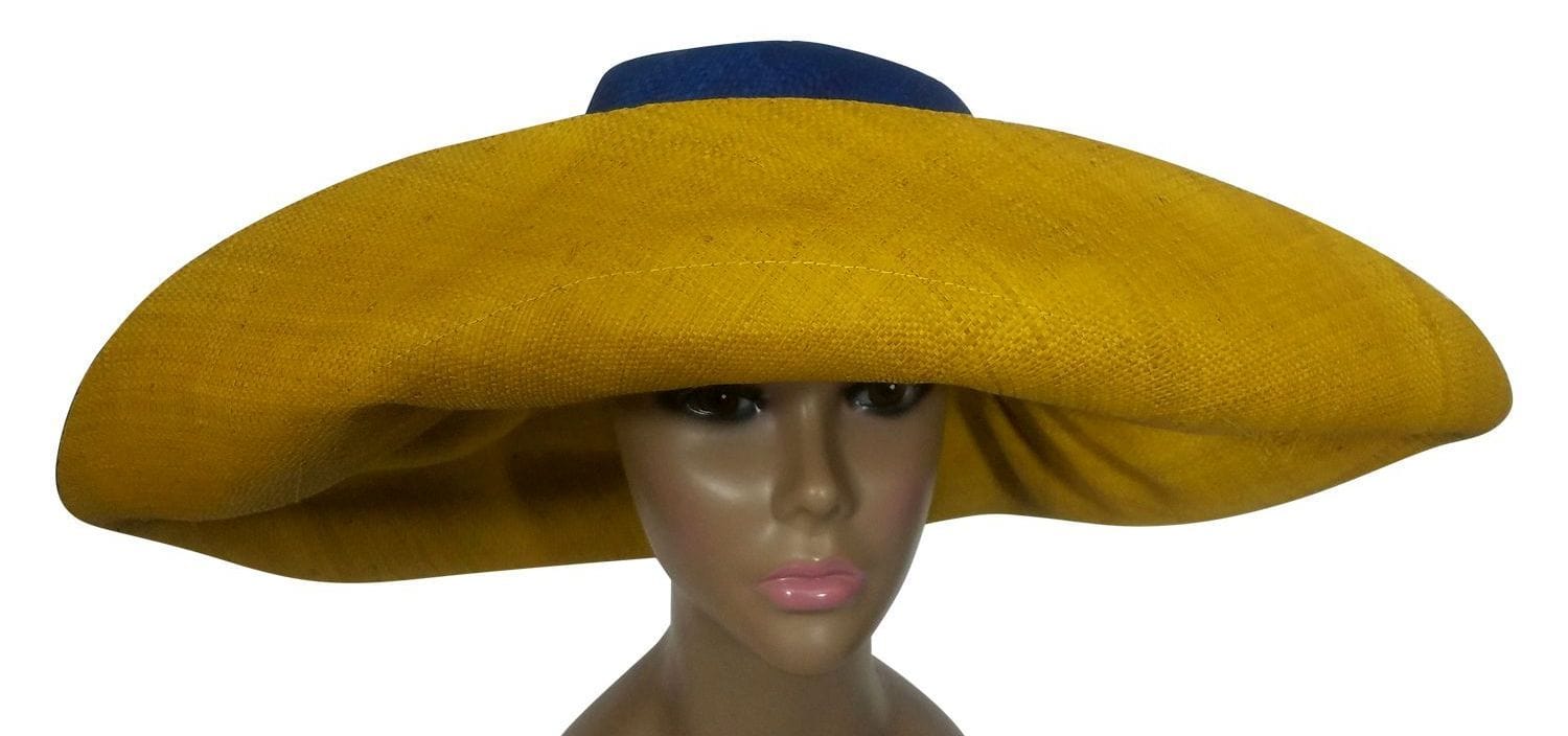 3 of 3: Adede: Authentic African Handwoven Blue and Gold Madagascar Big Brim Raffia Sun Hat