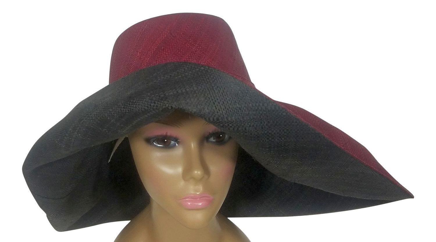 3 of 3: Ama: Authentic African Handwoven Burgundy and Black Madagascar Big Brim Raffia Sun Hat