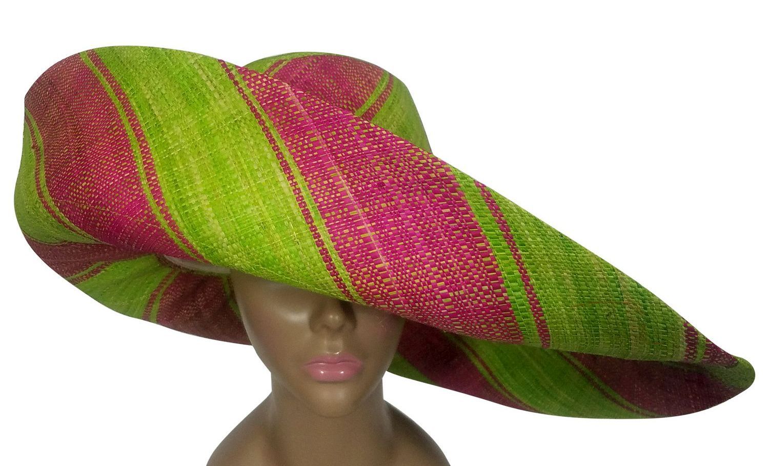 1 of 3: Ayo: Authentic African Handwoven Pink and Green Madagascar Big Brim Raffia Sun Hat