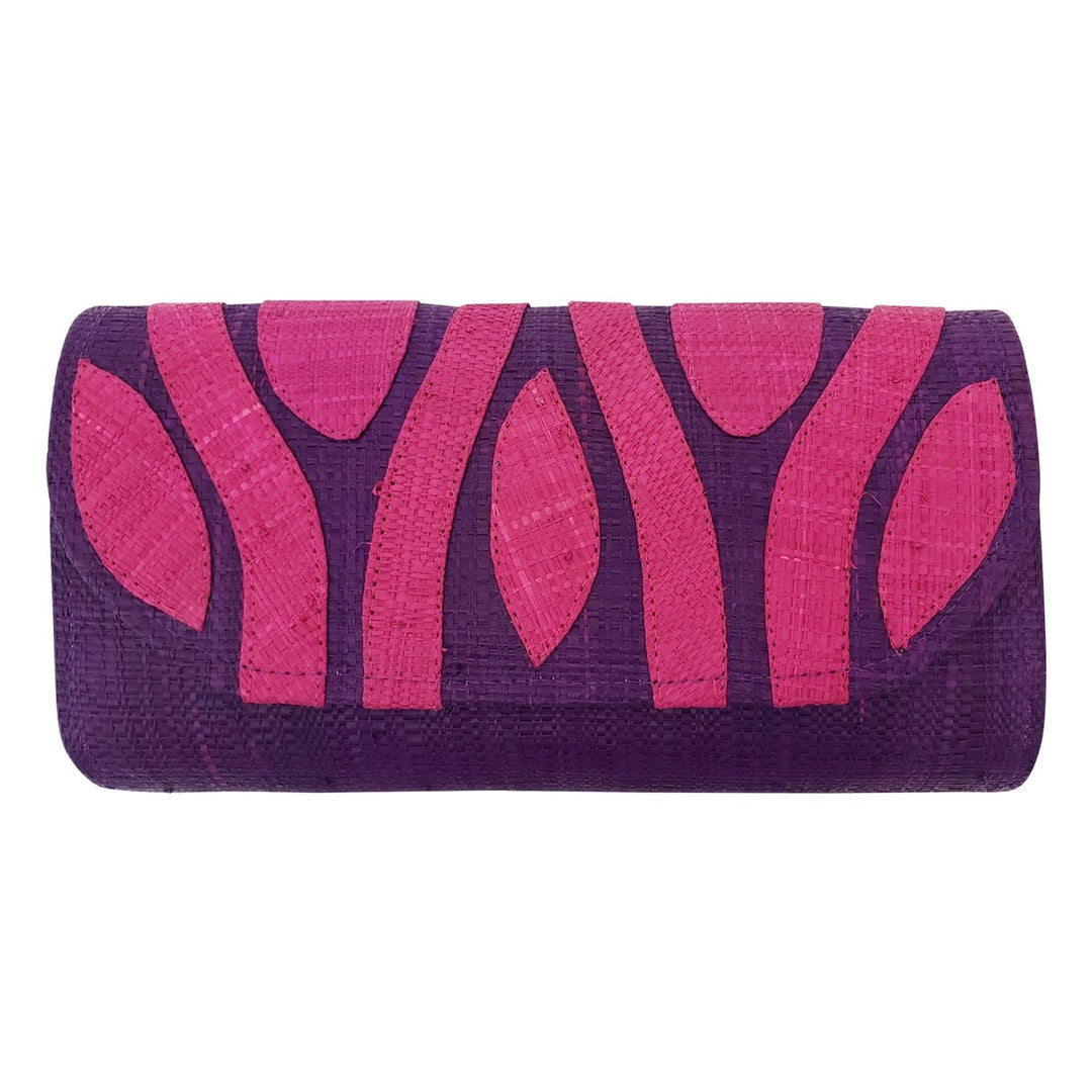 Authentic Handwoven Purple Madagascar Raffia Clutch with Fuchsia Accents
