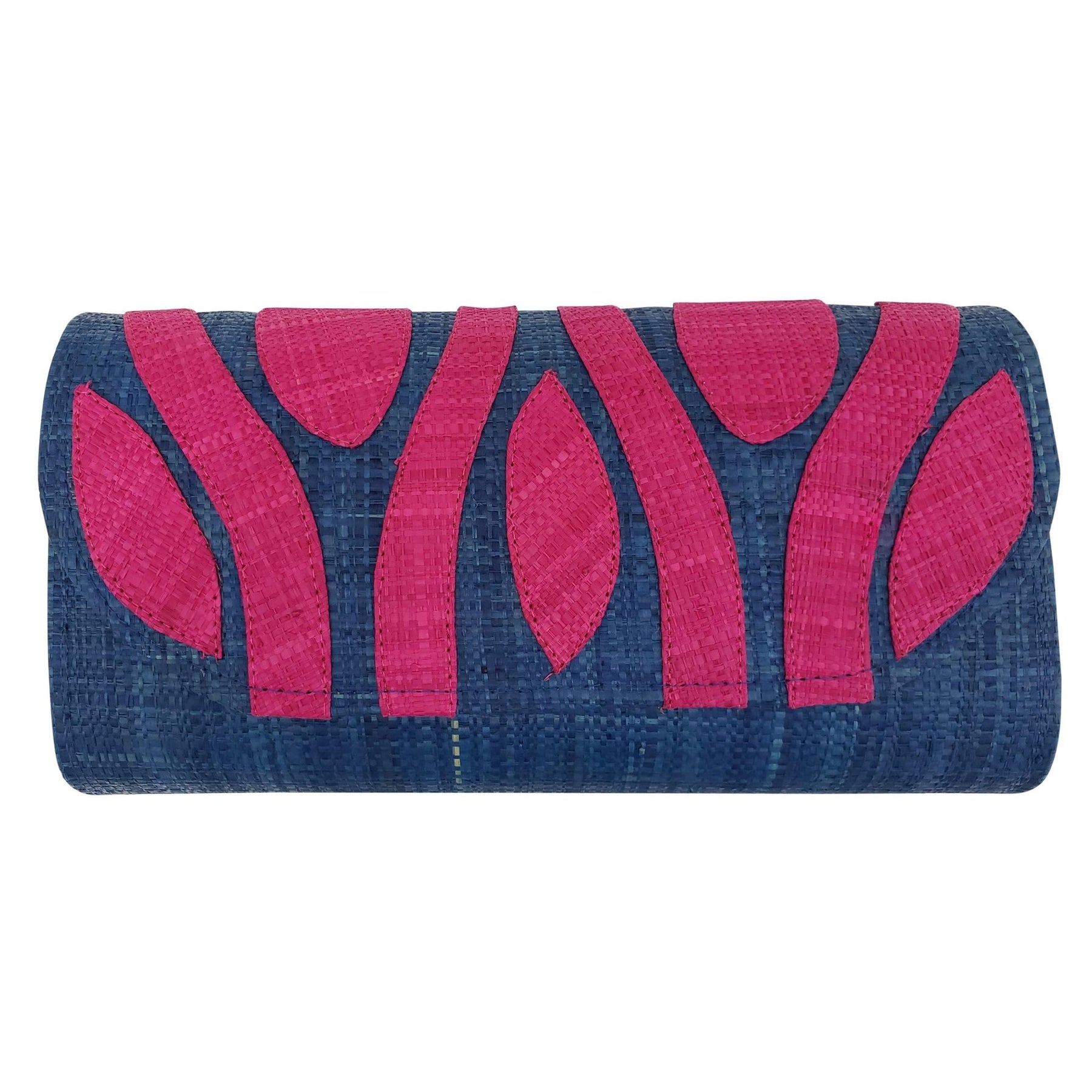 1 of 3: Authentic Handwoven Denim Blue Madagascar Raffia Clutch with Fuchsia Accents