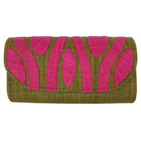 Authentic Handwoven Olive Green Madagascar Raffia Clutch with Fuchsia Accents