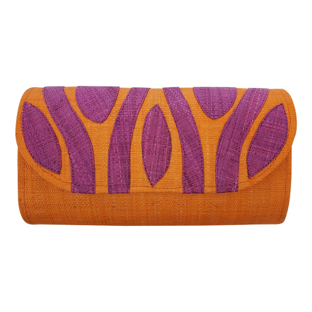 Authentic Handwoven Orange Madagascar Raffia Clutch with Purple Accents