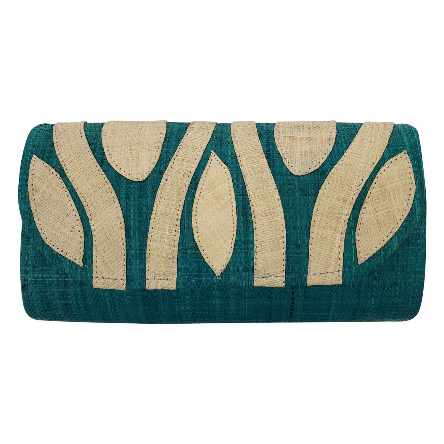 1 of 3: Authentic Handwoven Blue-Green Madagascar Raffia Clutch with Natural Accents