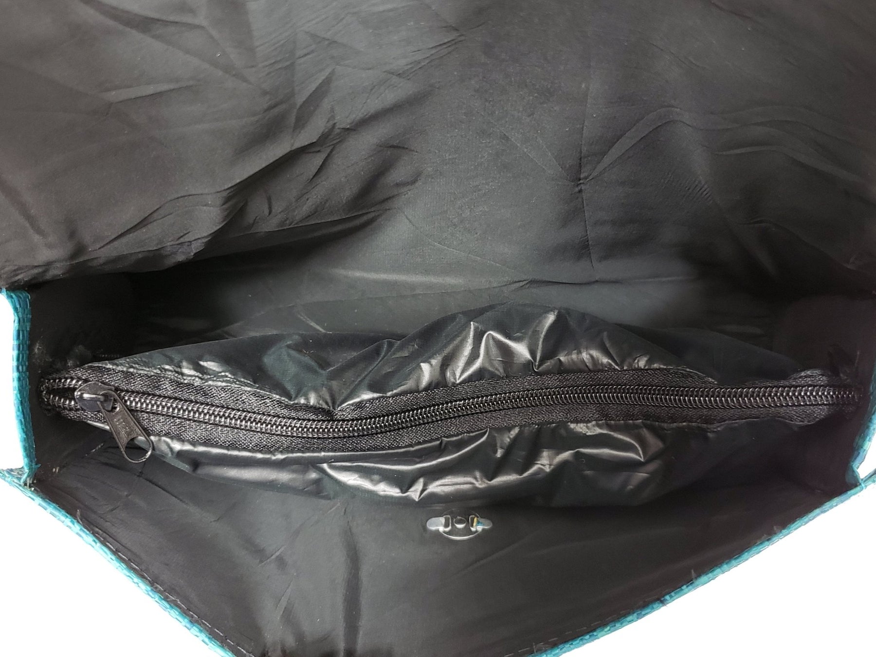 3 of 3: Authentic Handwoven Black Madagascar Raffia Clutch with Brown Accents Interior