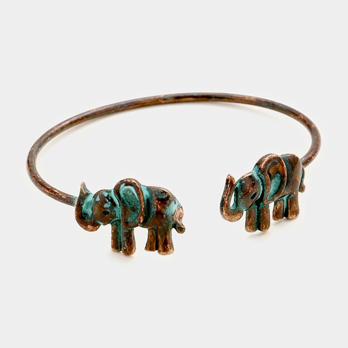 Burnished Dual Elephant Tip Cuff Bracelet (Copper Toned)