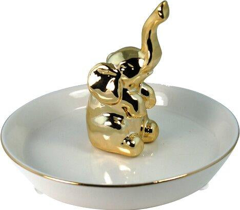Metallic Gold Toned Elephant Ceramic Ring Holder & Jewelry Tray