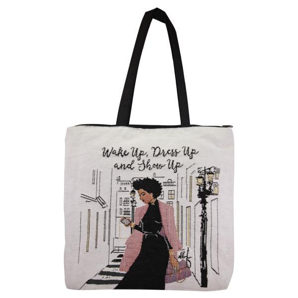 Wake Up, Dress Up and Show Up Woven Tote Bag-Woven Tote Bag-Nicholle Kobi-17x17-Polyester/Cotton-The Black Art Depot