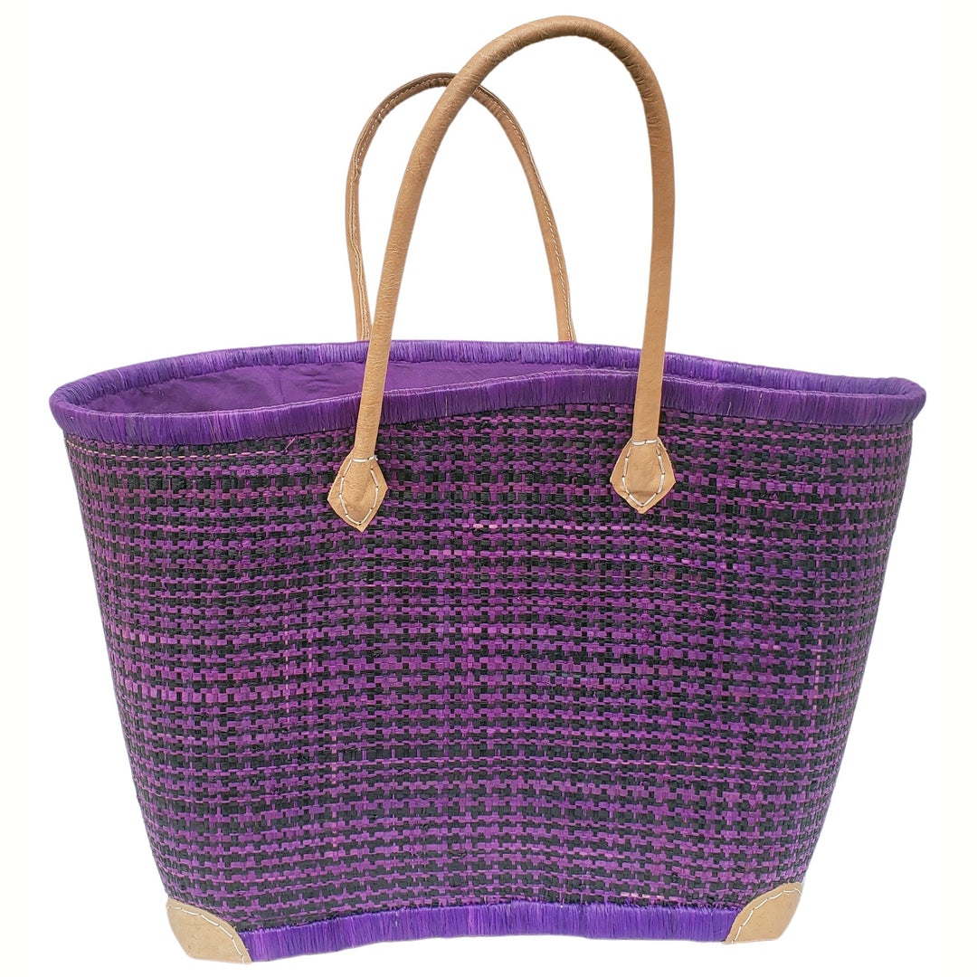 Adjanie: Authentic Madagascar Raffia and Leather Tote Bag (Purple and Black)