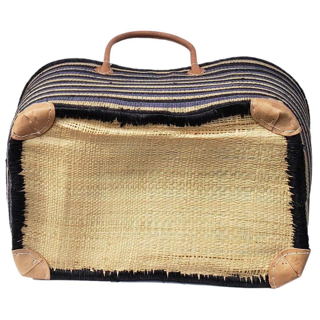 Adjanie: Authentic Madagascar Raffia and Leather Tote Bag (Black and Blue)