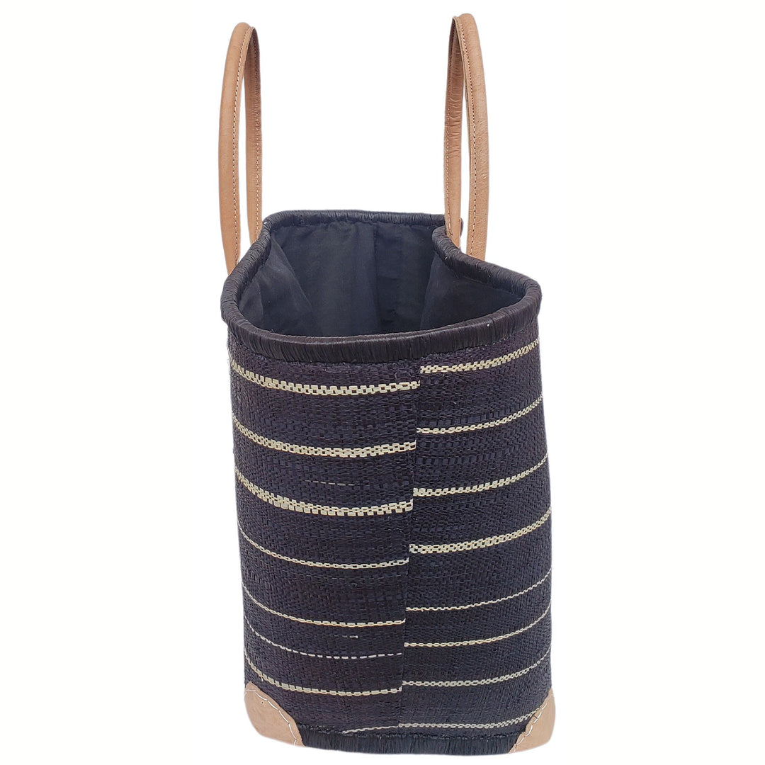 Adjanie: Authentic Madagascar Raffia and Leather Tote Bag (Black Stripe)