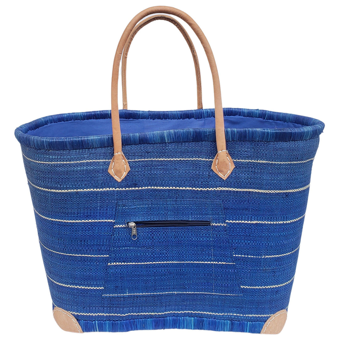 Adjanie: Authentic Madagascar Raffia and Leather Tote Bag (Blue Stripe)