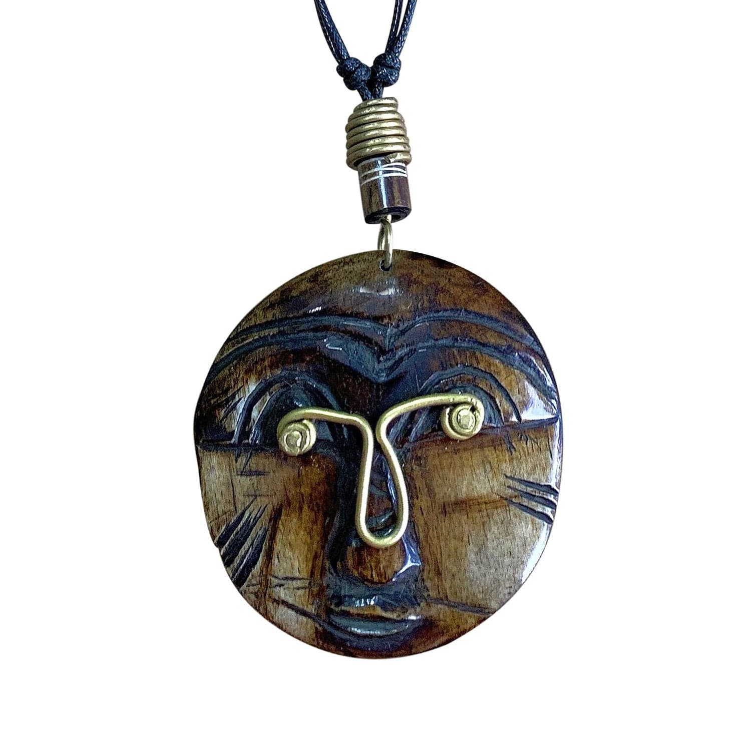 1 of 4: Round Head: Authentic African Mask Bone & Brass Pendant Necklace