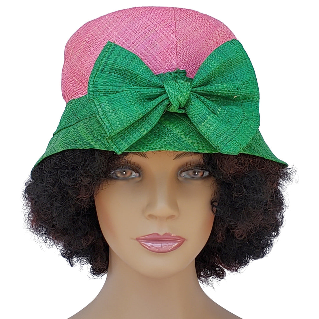 Ivy: Handwoven Pink & Green Madagascar Bell Shaped Raffia Hat with Bow