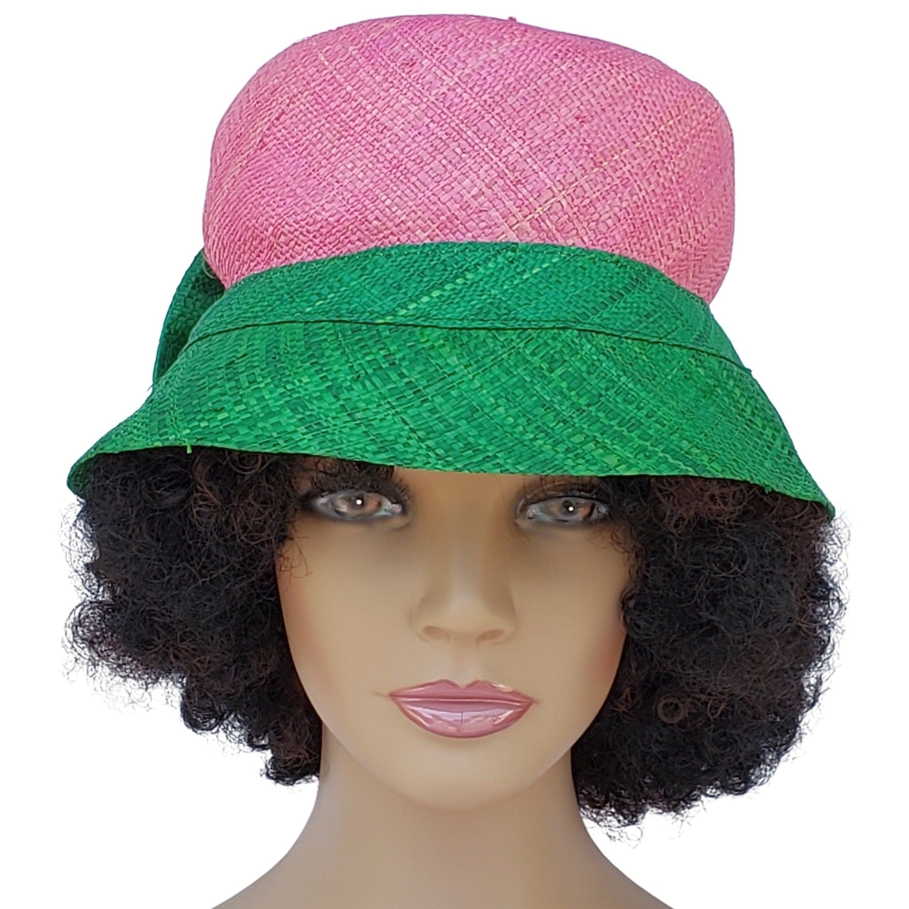 2 of 5: Ivy: Handwoven Pink & Green Madagascar Bell Shaped Raffia Hat with Bow