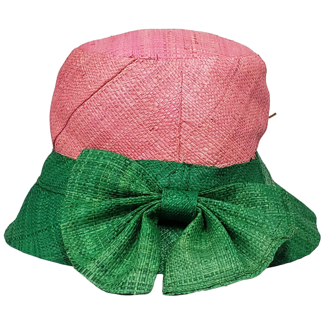 Ivy: Handwoven Pink & Green Madagascar Bell Shaped Raffia Hat with Bow