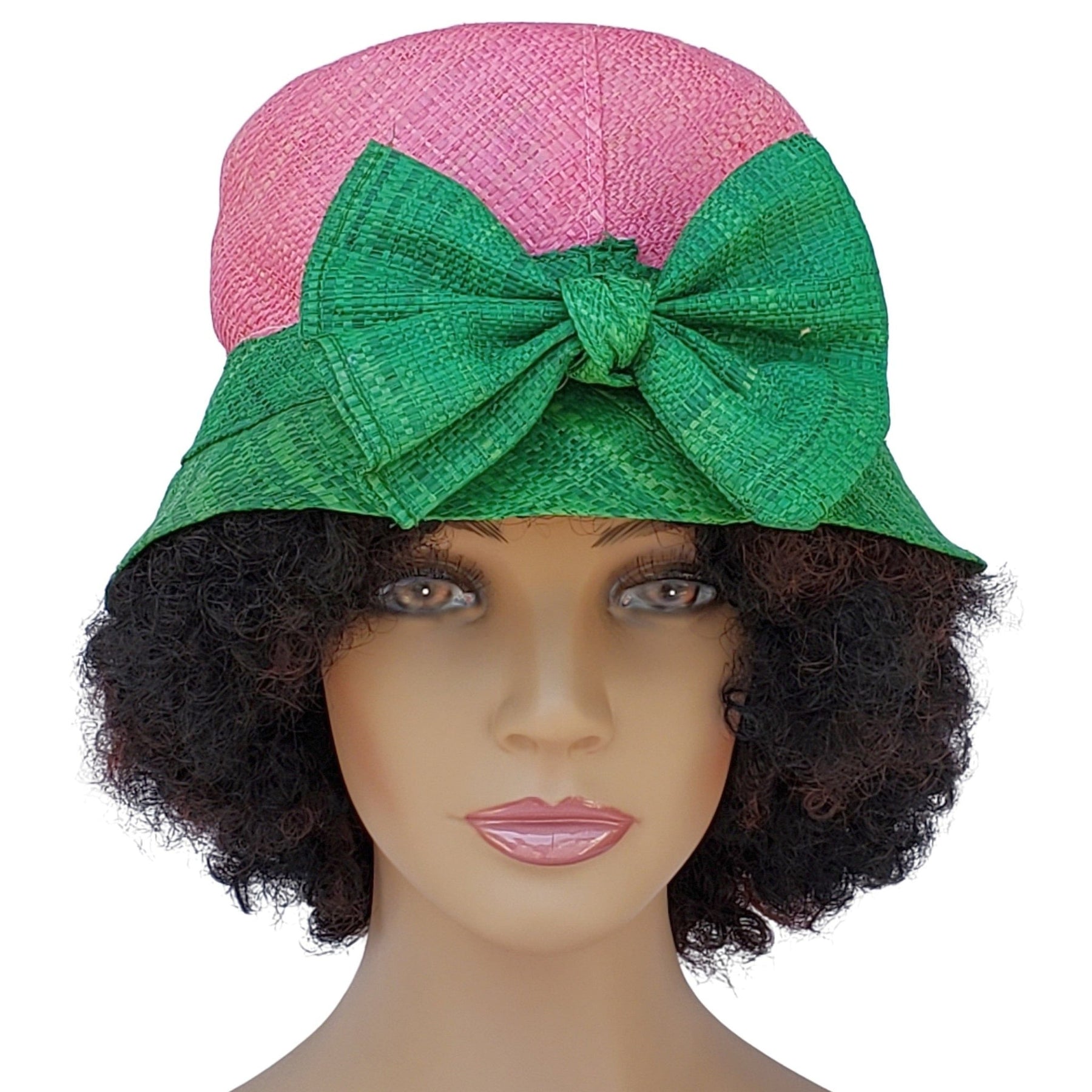 1 of 5: Ivy: Handwoven Pink & Green Madagascar Bell Shaped Raffia Hat with Bow