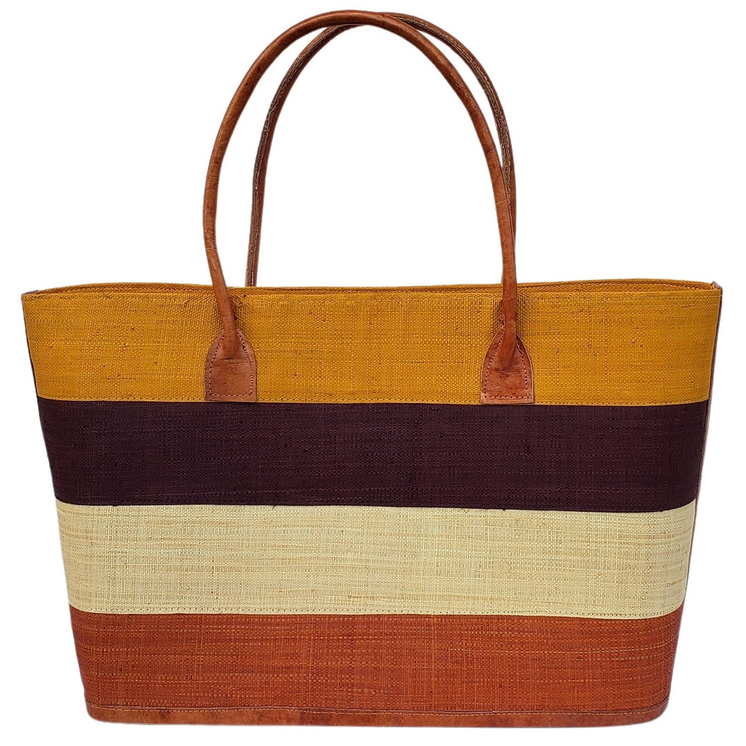 Ange: Hand Woven Raffia and Leather Madagascar Three Stripe Hand Bag (Burnt Orange)