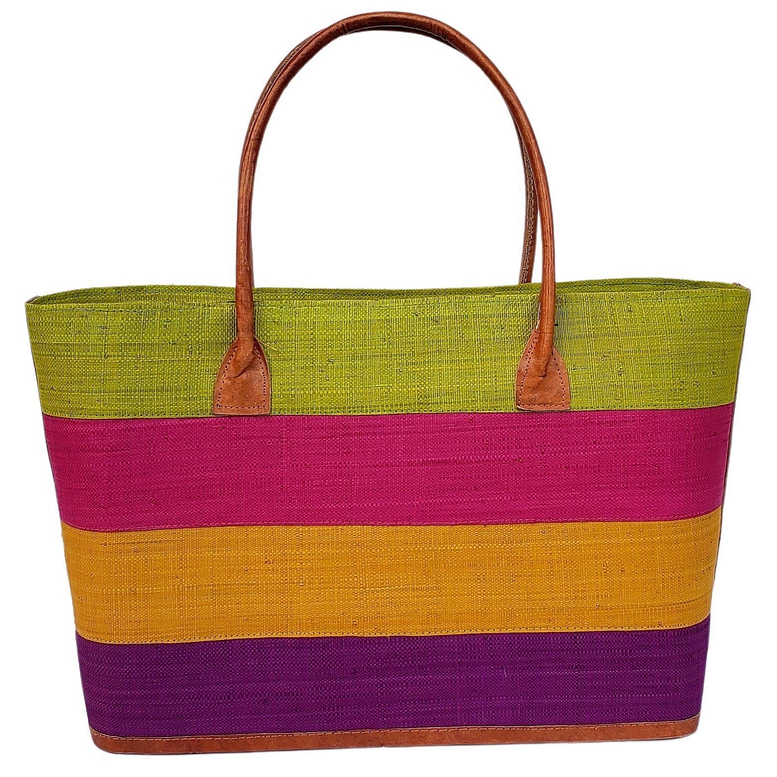 8 of 19: Ange: Hand Woven Raffia and Leather Madagascar Three Stripe Hand Bag (Light Green)