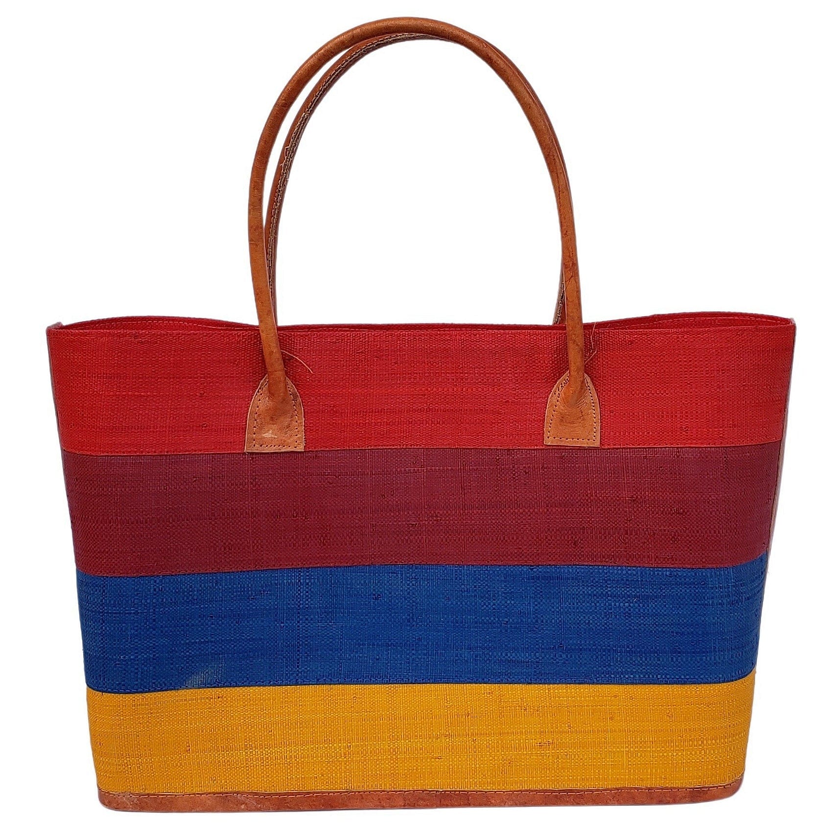 9 of 19: Ange: Hand Woven Raffia and Leather Madagascar Three Stripe Hand Bag (Red)
