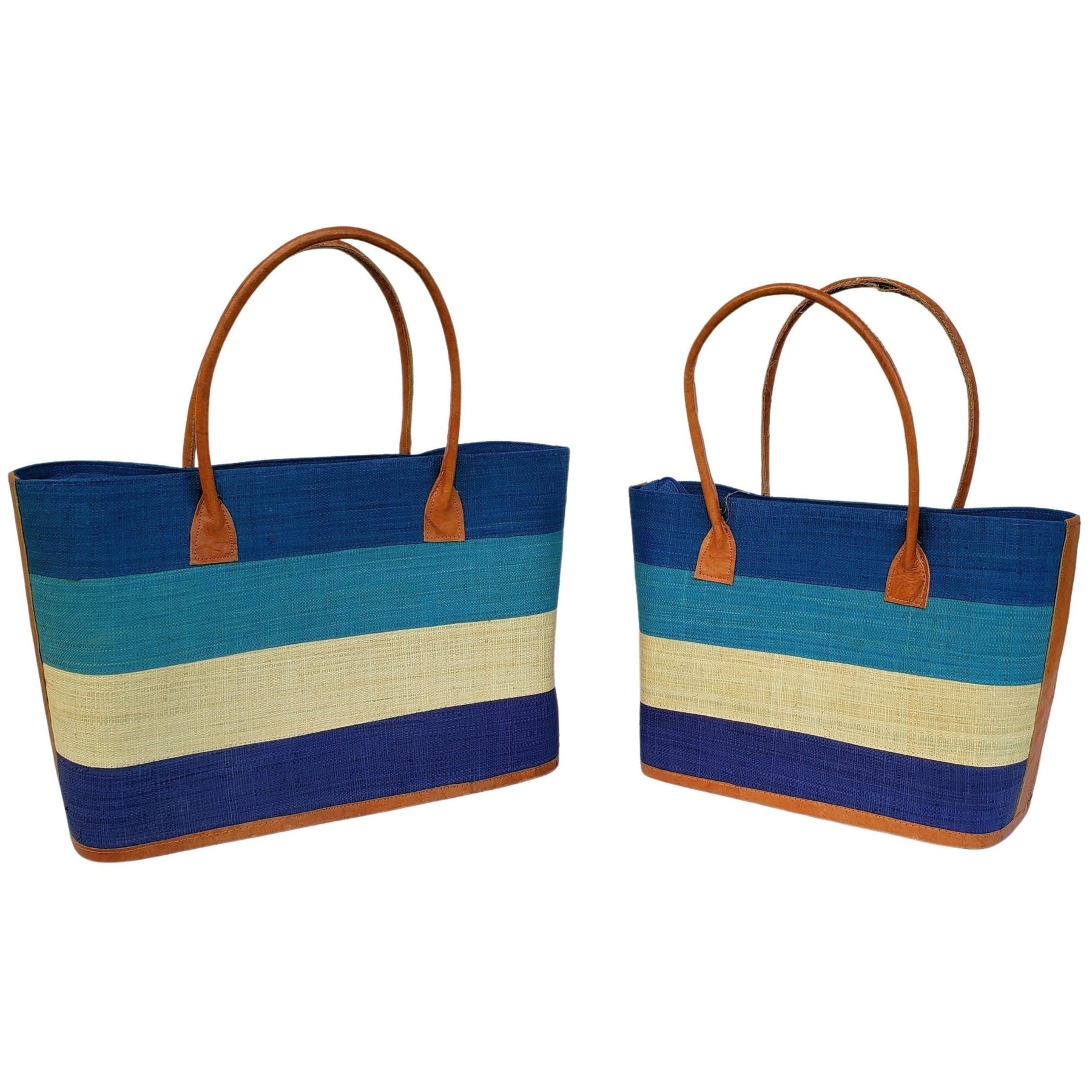 4 of 19: Ange: Hand Woven Raffia and Leather Madagascar Three Stripe Hand Bag (Blue)