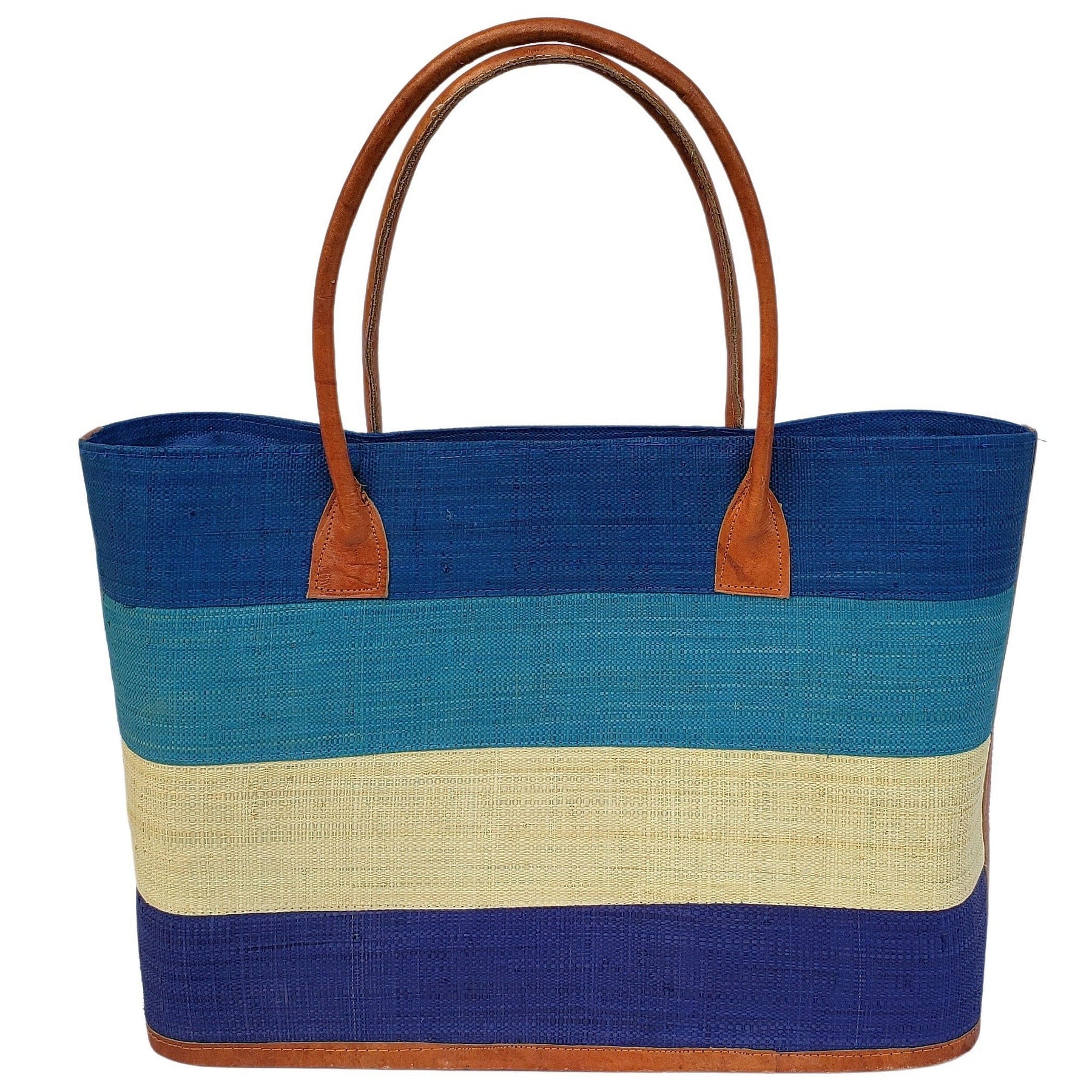 10 of 19: Ange: Hand Woven Raffia and Leather Madagascar Three Stripe Hand Bag (Blue)
