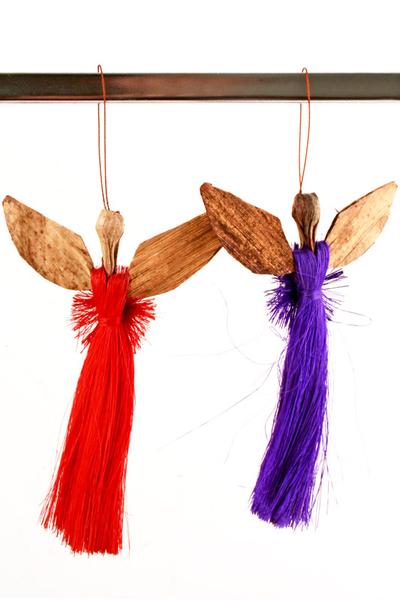 Authentic African Hand Made Colorful Sisal and Banana Fiber Angel Ornaments (Set of 4)