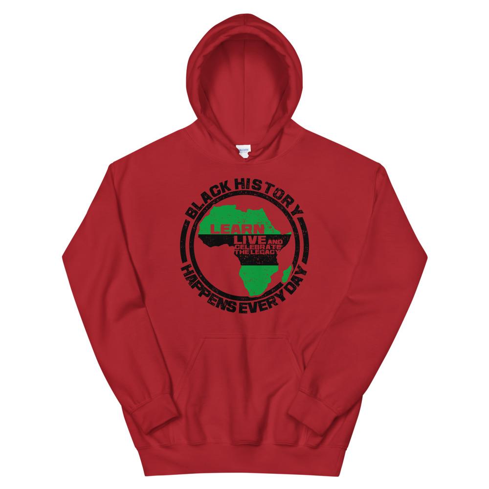 Black History Happens Everyday Unisex Hooded Sweatshirt (Red)